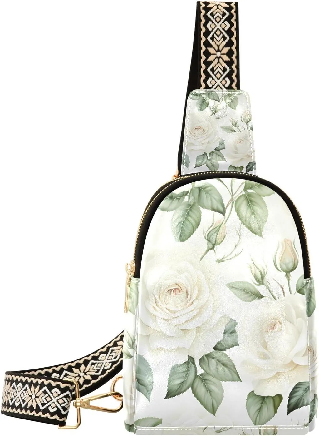 White Rose Flower Muted Color Backpack Sling Bag for Women Crossbody Bags Small Cross Body Bags Leather Travel Chest Bag Purse Casual Daypack