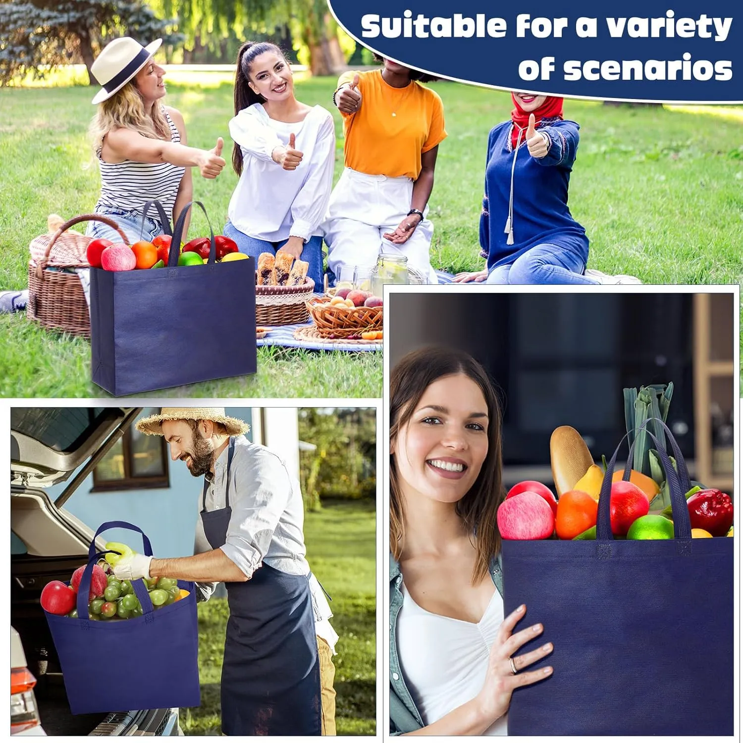 Windyun 200 Pcs Reusable Grocery Bags Large Non Woven Shopping Bags Foldable Portable Tote Carryall Bulk(Navy Blue,16x6x12 Inch)