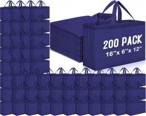 Windyun 200 Pcs Reusable Grocery Bags Large Non Woven Shopping Bags Foldable Portable Tote Carryall Bulk(Navy Blue,16x6x12 Inch)