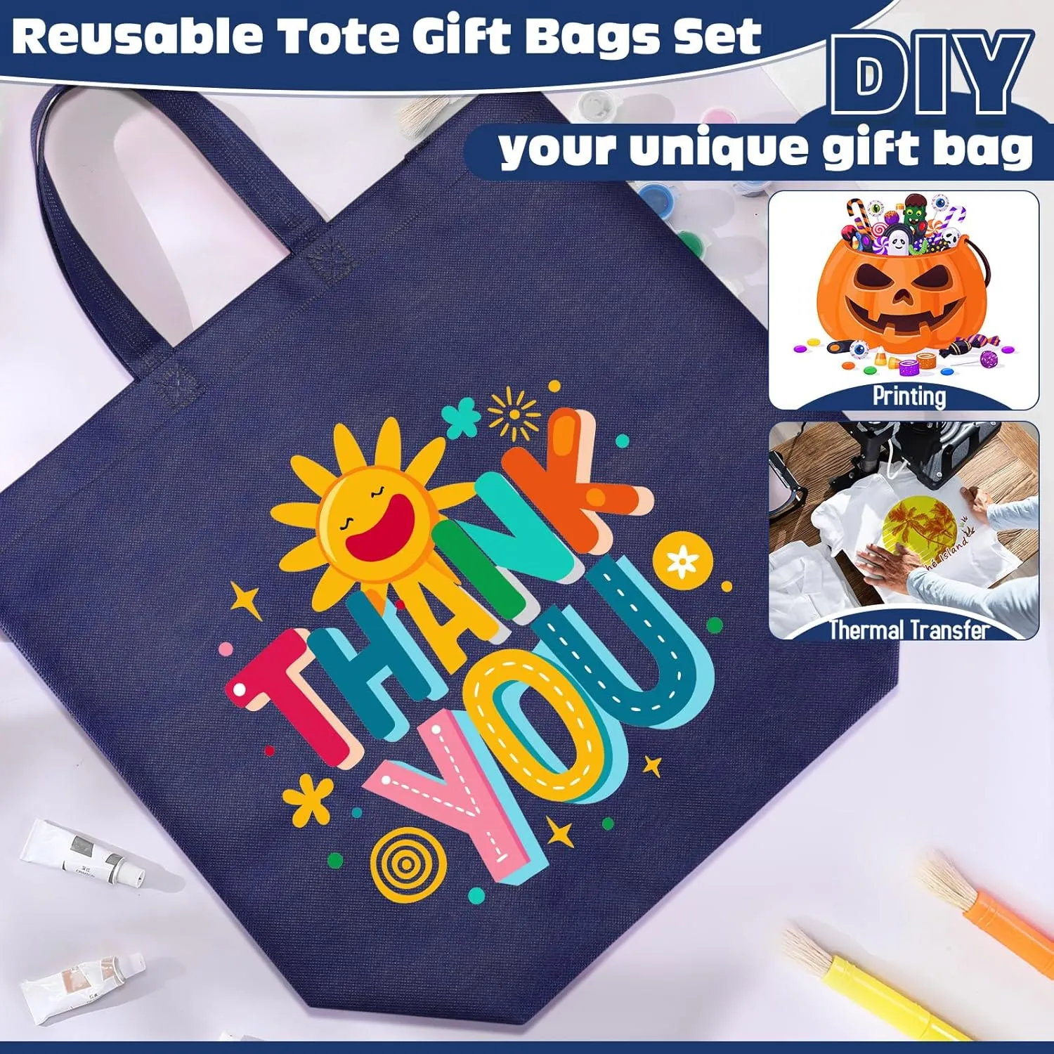 Windyun 200 Pcs Reusable Grocery Bags Large Non Woven Shopping Bags Foldable Portable Tote Carryall Bulk(Navy Blue,16x6x12 Inch)