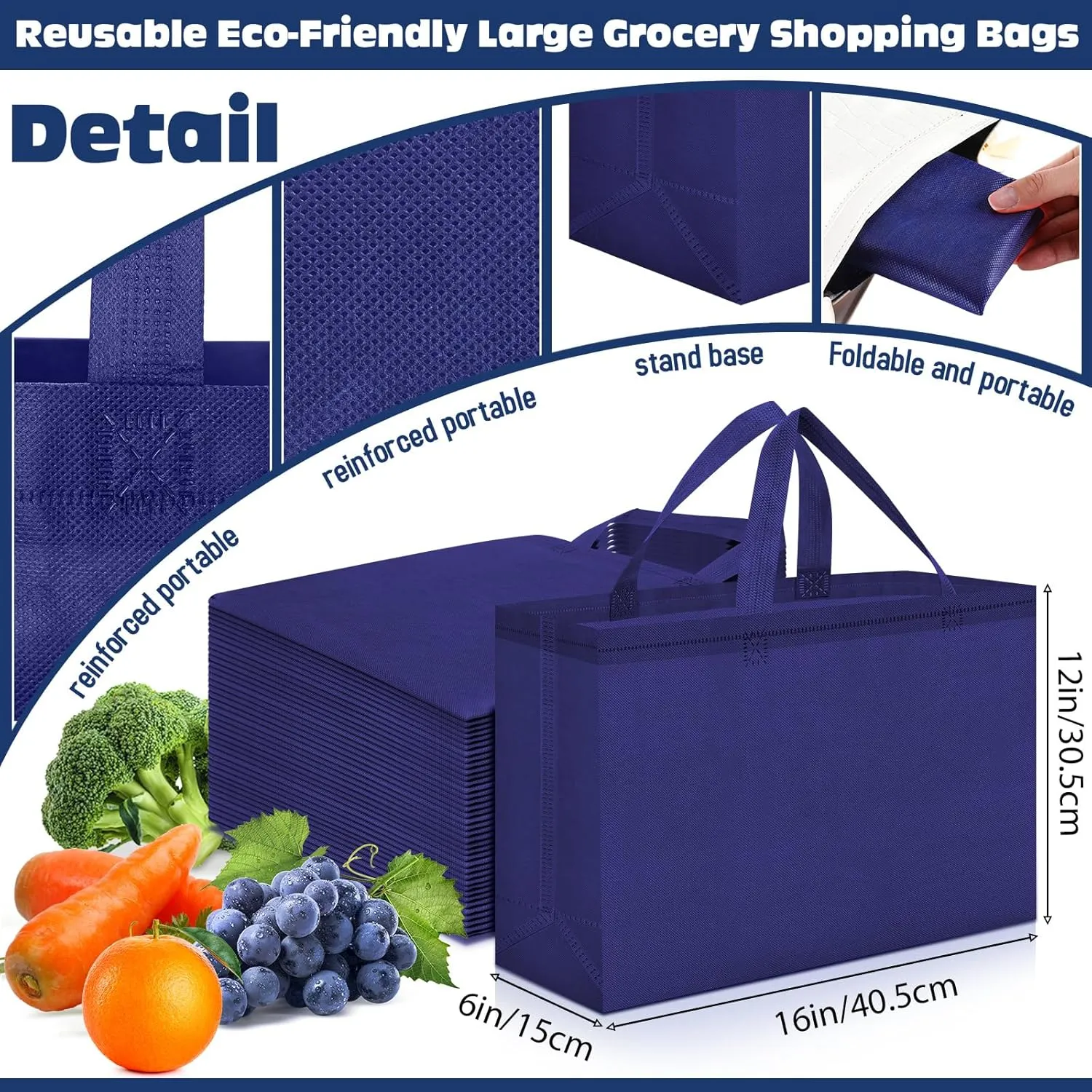 Windyun 200 Pcs Reusable Grocery Bags Large Non Woven Shopping Bags Foldable Portable Tote Carryall Bulk(Navy Blue,16x6x12 Inch)