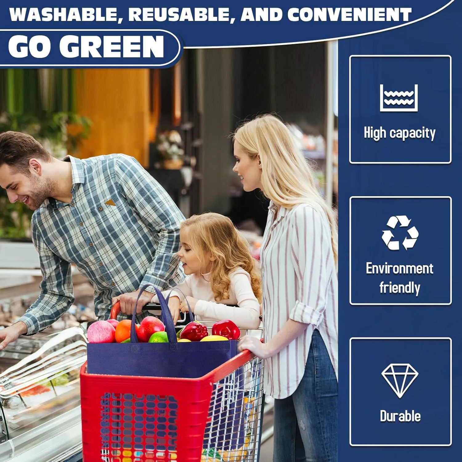 Windyun 200 Pcs Reusable Grocery Bags Large Non Woven Shopping Bags Foldable Portable Tote Carryall Bulk(Navy Blue,16x6x12 Inch)