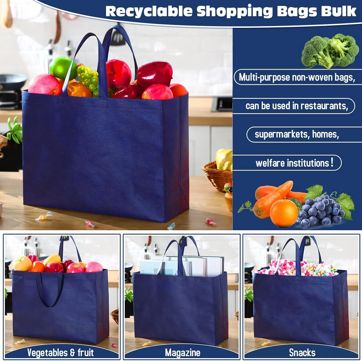 Windyun 200 Pcs Reusable Grocery Bags Large Non Woven Shopping Bags Foldable Portable Tote Carryall Bulk(Navy Blue,16x6x12 Inch)