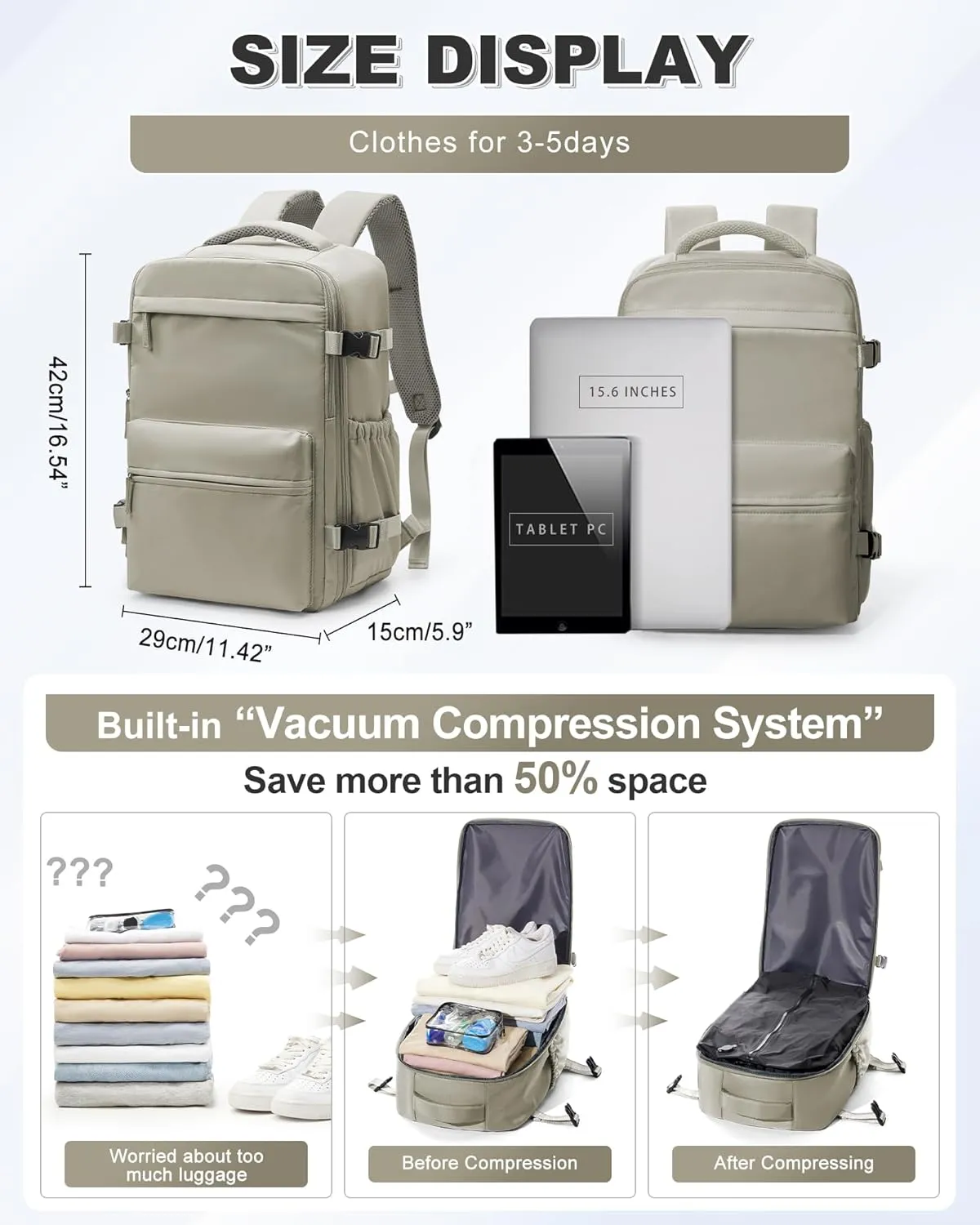 winspansy Large Travel Backpack Storage Vacuum Compression Bags with Pump for Travel Storage Carry on Business Day Vacpack Backpack for Women Men with Vacuum College Bag Brown