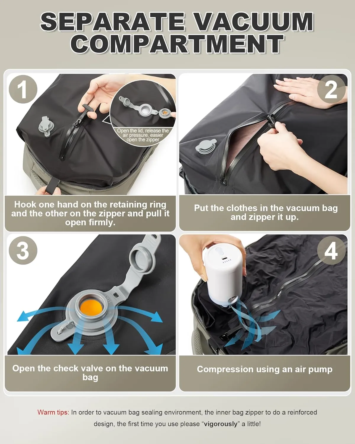 winspansy Large Travel Backpack Storage Vacuum Compression Bags with Pump for Travel Storage Carry on Business Day Vacpack Backpack for Women Men with Vacuum College Bag Brown