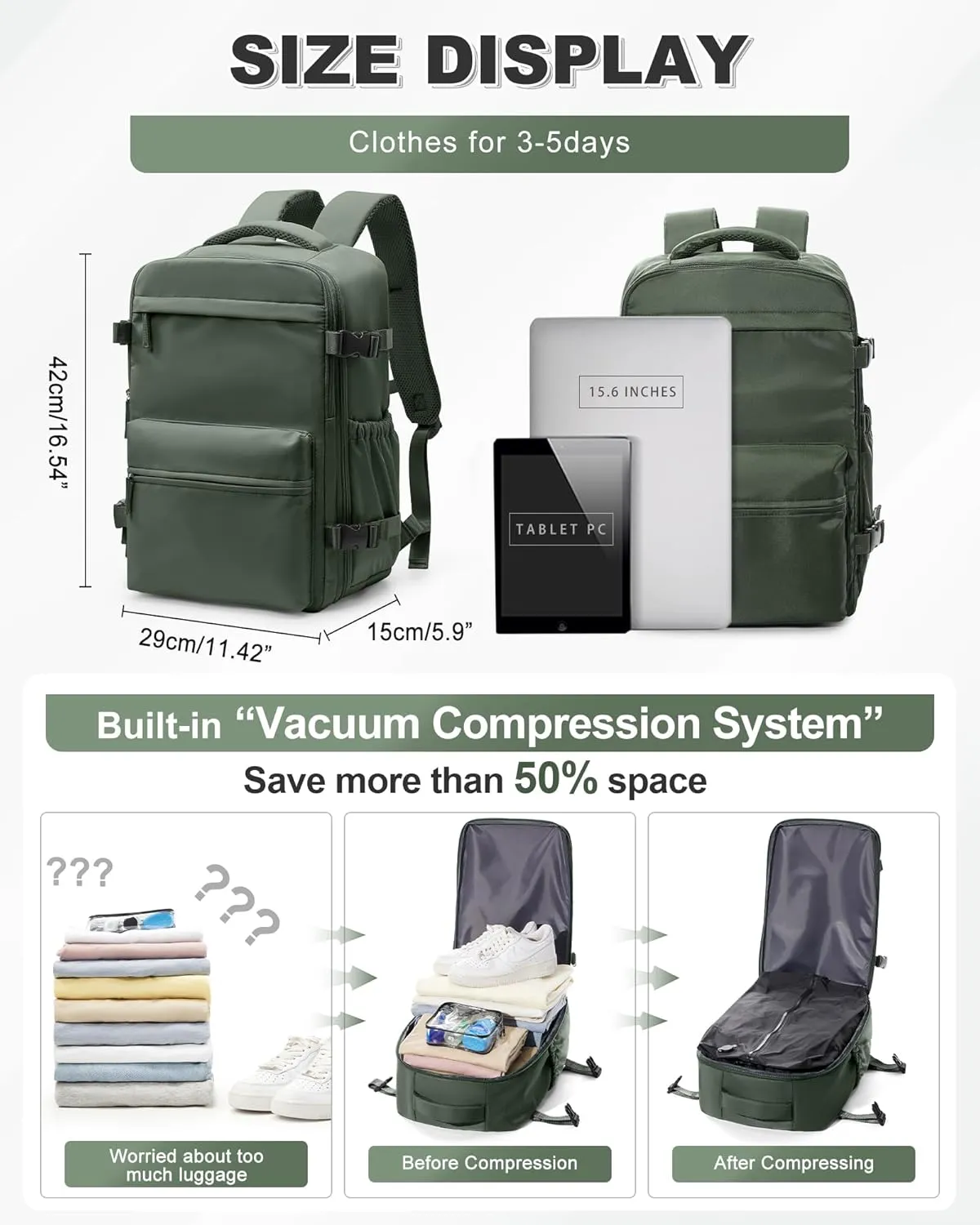 winspansy Large Travel Backpack Storage Vacuum Compression Bags with Pump for Travel Storage Carry on Business Day Vacpack Backpack for Women Men with Vacuum College Bag Dark Green
