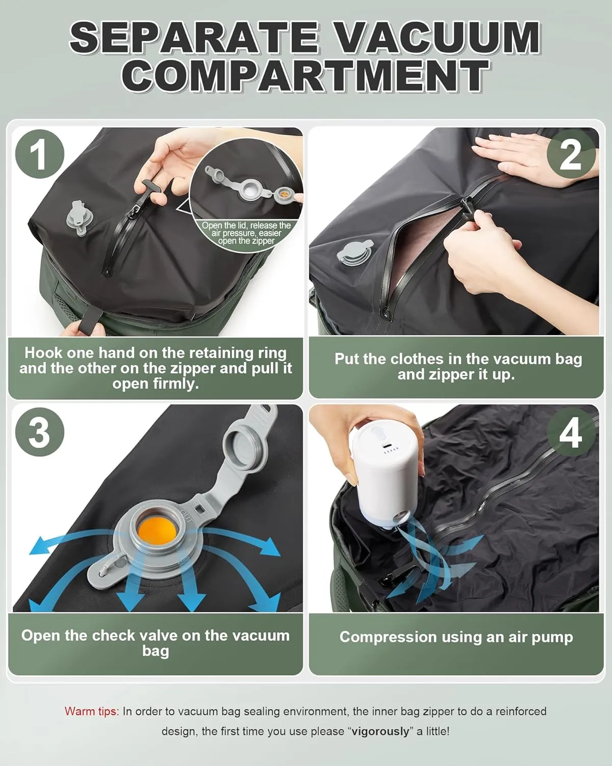 winspansy Large Travel Backpack Storage Vacuum Compression Bags with Pump for Travel Storage Carry on Business Day Vacpack Backpack for Women Men with Vacuum College Bag Dark Green