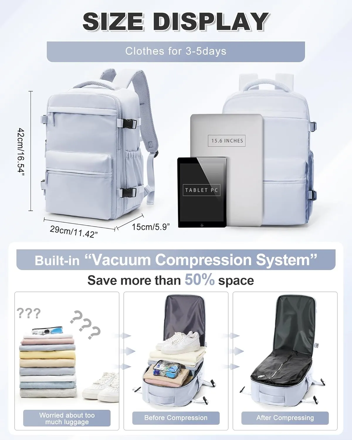 winspansy Large Travel Backpack Storage Vacuum Compression Bags with Pump for Travel Storage Carry on Business Day Vacpack Backpack for Women Men with Vacuum College Bag Grayish Purple