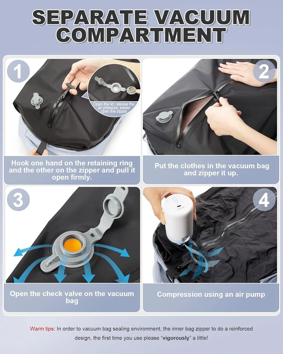winspansy Large Travel Backpack Storage Vacuum Compression Bags with Pump for Travel Storage Carry on Business Day Vacpack Backpack for Women Men with Vacuum College Bag Grayish Purple