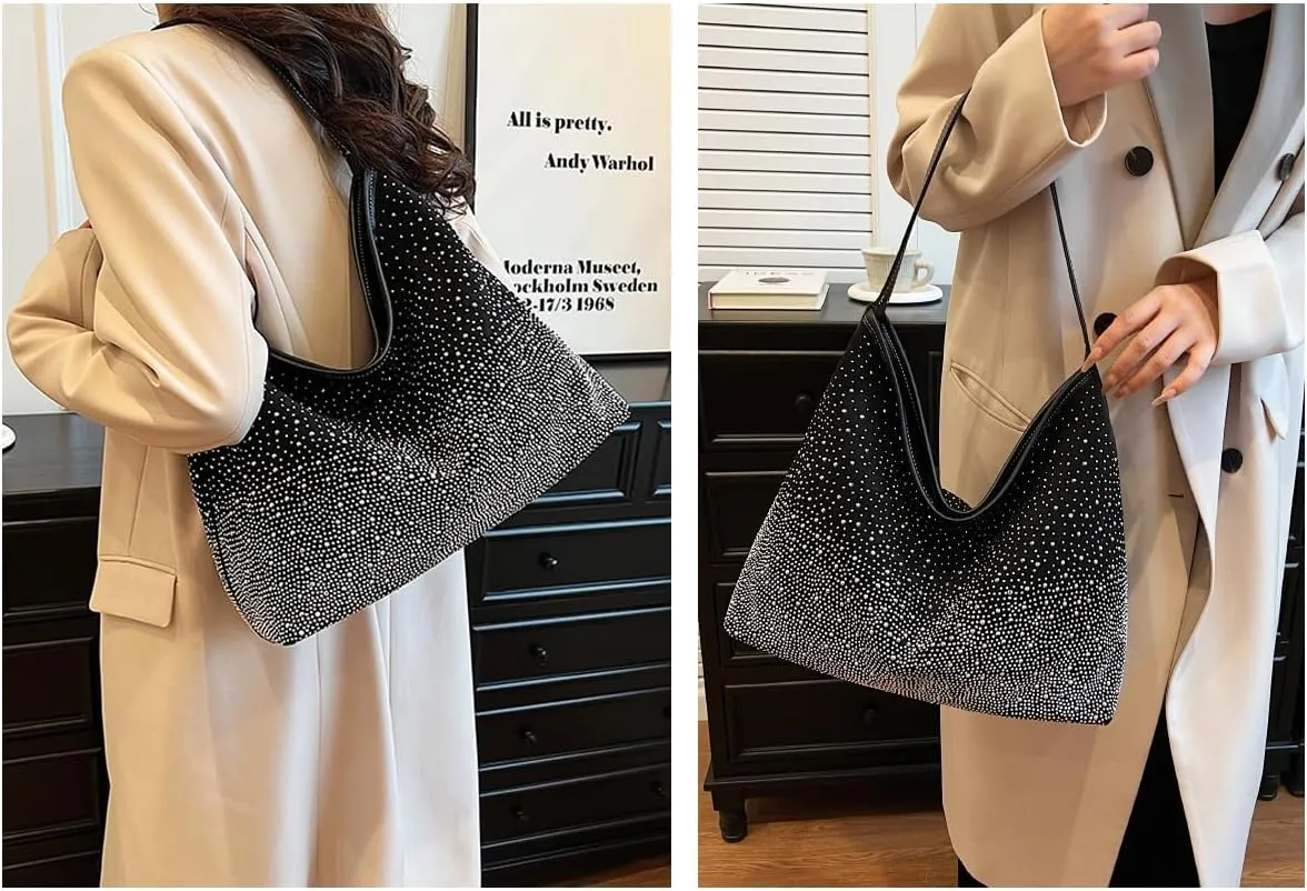 Women Hobo Shoulder Bags Rhinestone Large Purse and Handbags Sparkly Tote Bag