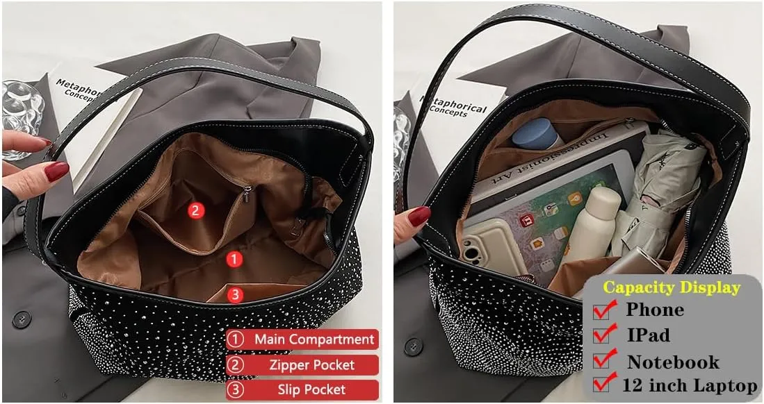 Women Hobo Shoulder Bags Rhinestone Large Purse and Handbags Sparkly Tote Bag