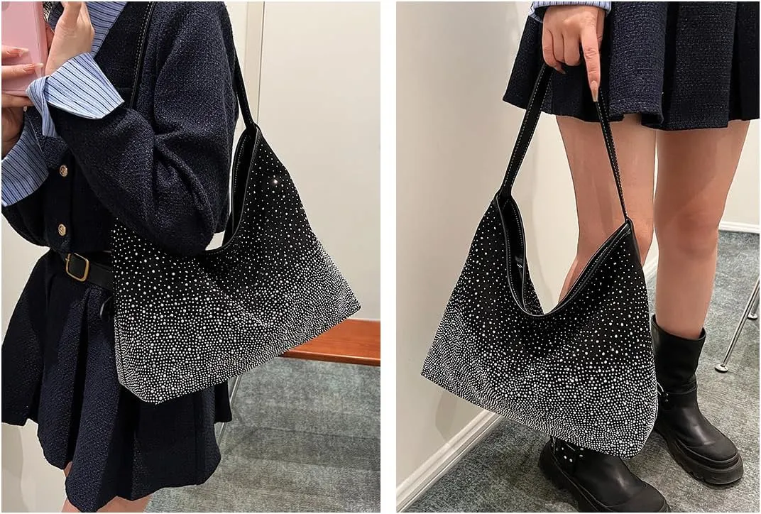 Women Hobo Shoulder Bags Rhinestone Large Purse and Handbags Sparkly Tote Bag