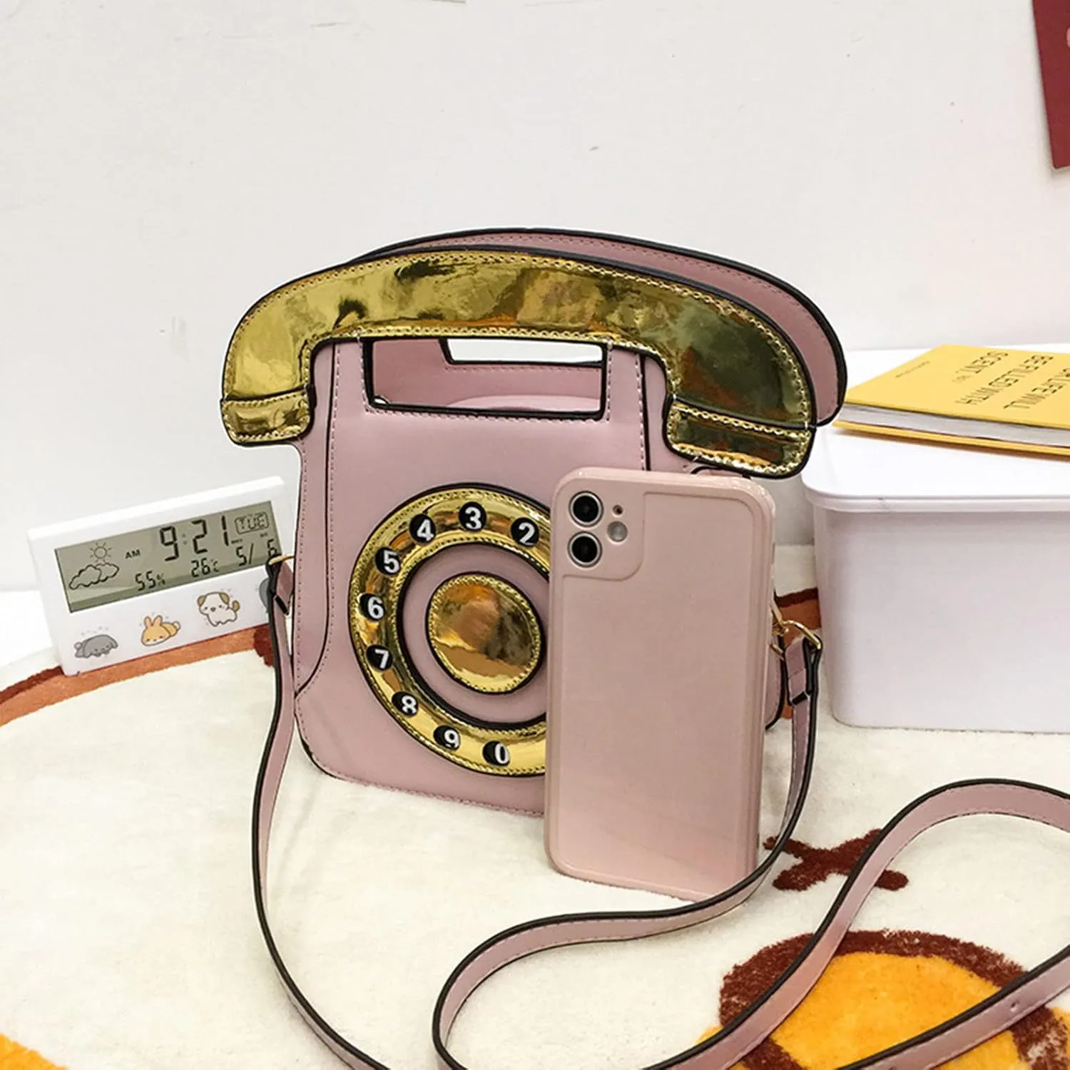 Women Telephone Shaped Handbag and Purses Retro Phone Top-Handle Shoulder Bags