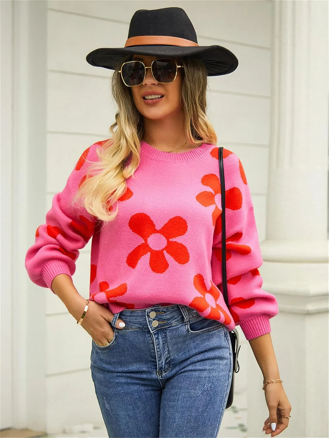 Womens Autumn Winter Sweaters Warm Comfortable Pullovers Casual Fashion Cardigans Ladies Printed Flower Sweater