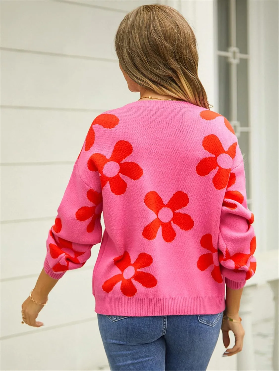 Womens Autumn Winter Sweaters Warm Comfortable Pullovers Casual Fashion Cardigans Ladies Printed Flower Sweater