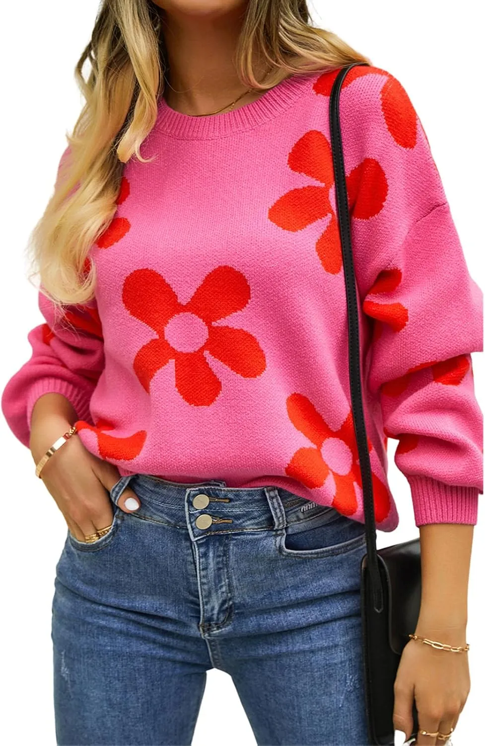 Womens Autumn Winter Sweaters Warm Comfortable Pullovers Casual Fashion Cardigans Ladies Printed Flower Sweater