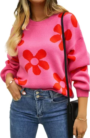 Womens Autumn Winter Sweaters Warm Comfortable Pullovers Casual Fashion Cardigans Ladies Printed Flower Sweater