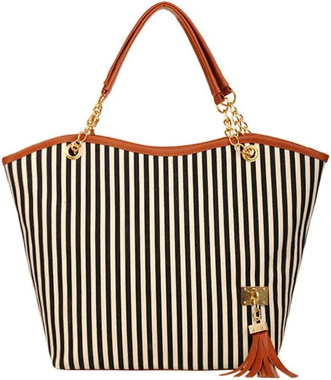 Womens Canvas Handbag Tassel Stripes Purse Tote Fashion Shoulder Bag Large Capacity