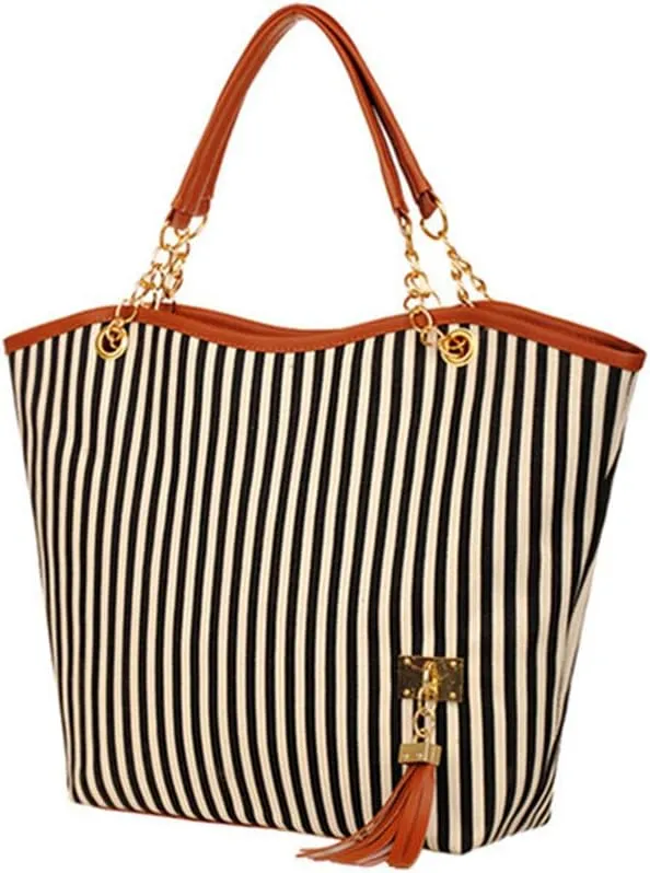 Womens Canvas Handbag Tassel Stripes Purse Tote Fashion Shoulder Bag Large Capacity
