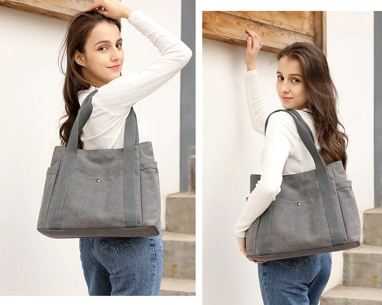 Women's Canvas Tote Handbags Multi-pocket Retro Casual Shoulder Bag Top Handle Satchel Tote Purse