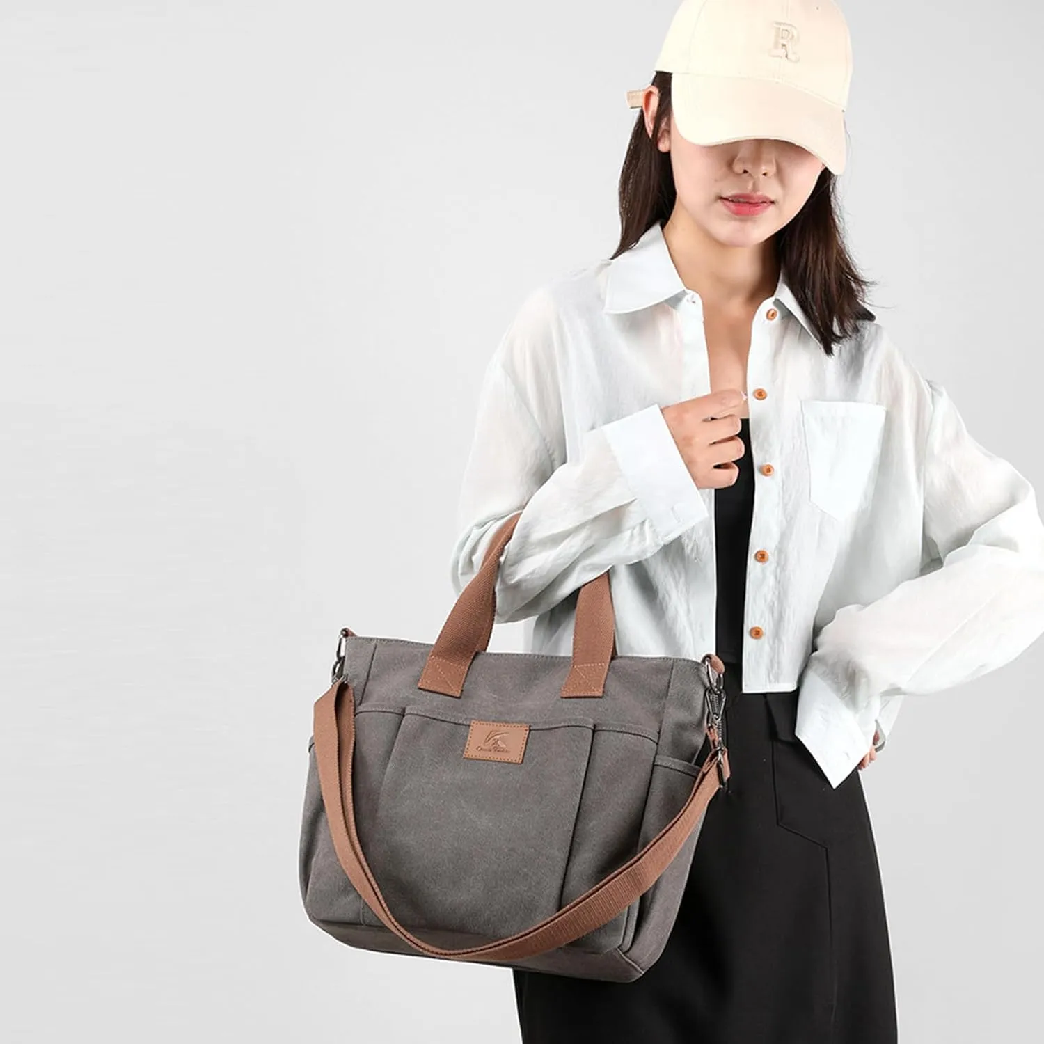 Women's Canvas Tote Purses Shoulder Travel Crossbody Bag Everyday Handbags with Zipper (Grey)