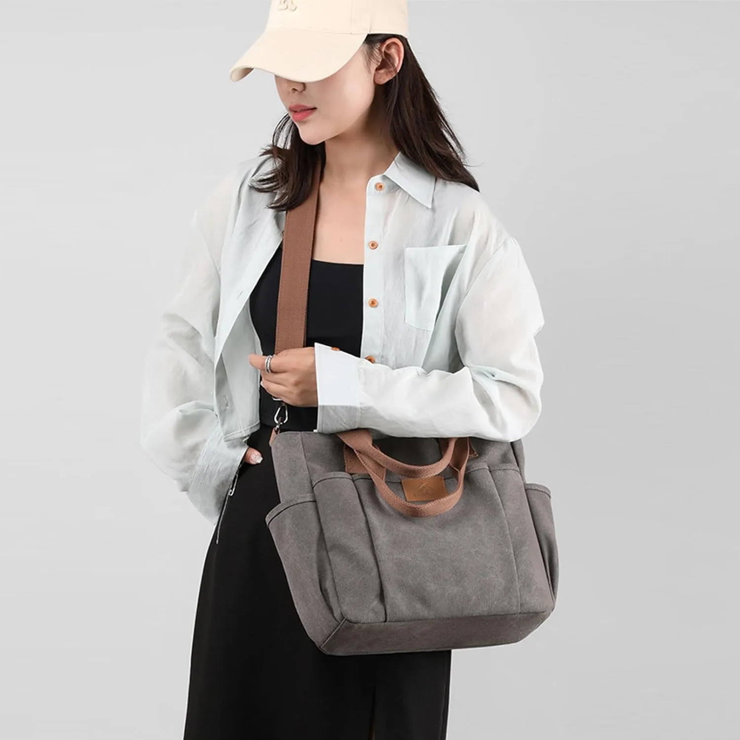 Women's Canvas Tote Purses Shoulder Travel Crossbody Bag Everyday Handbags with Zipper (Grey)