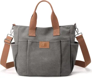 Women's Canvas Tote Purses Shoulder Travel Crossbody Bag Everyday Handbags with Zipper (Grey)