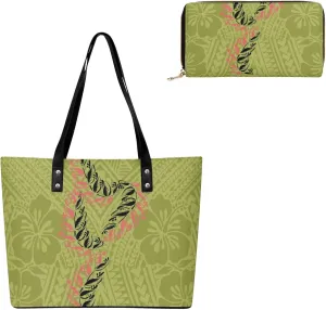 Women'S Leather Handbag Purse Combination Casual Large Capacity Shoulder Bag Polynesian Tribal Design Pattern