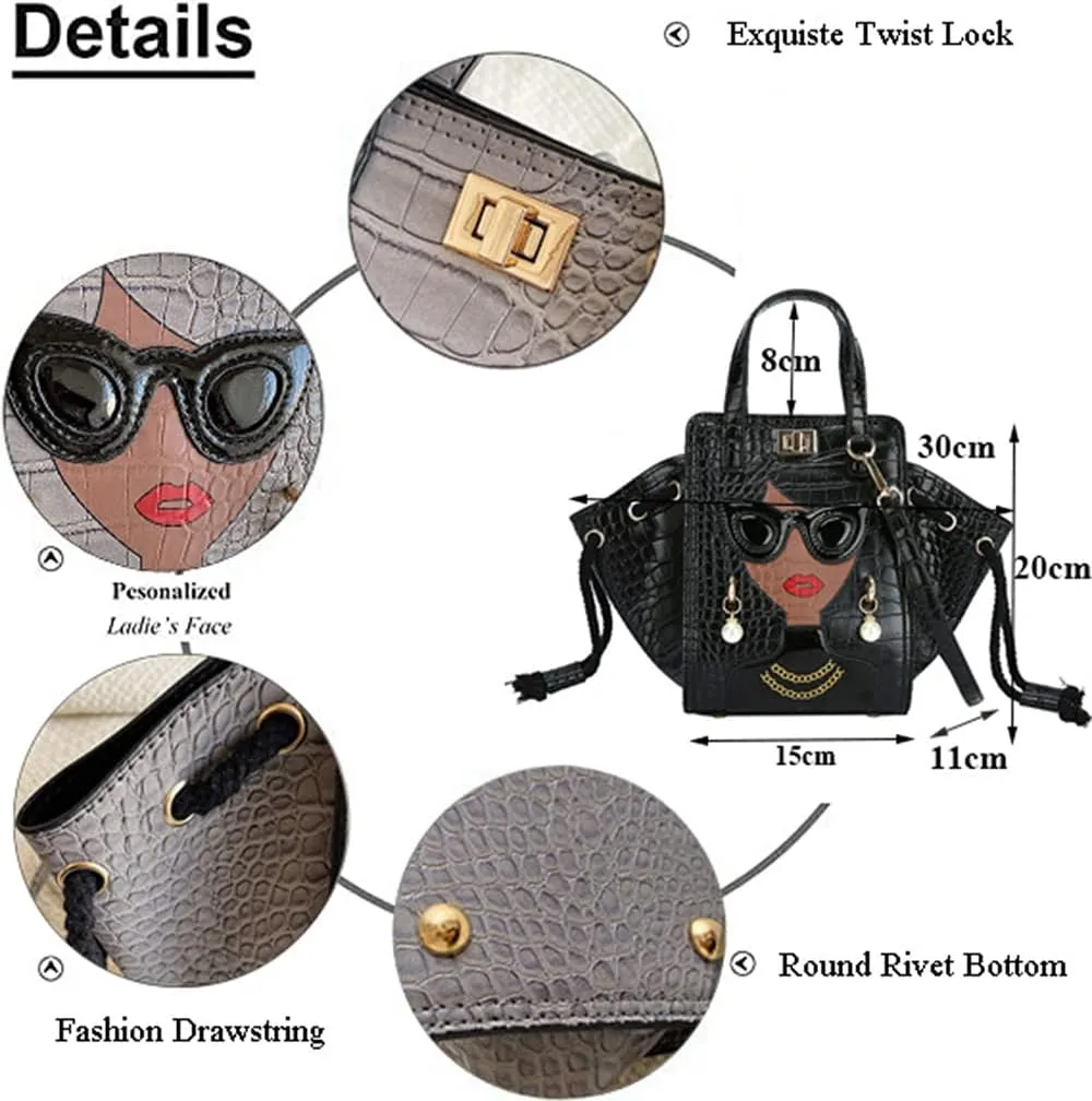 Women's Novelty Unique 3D Lady Face Leather with Crocodile Pattern Tote Handbags Funky Purse Hobo Crossbody Shoulder bags