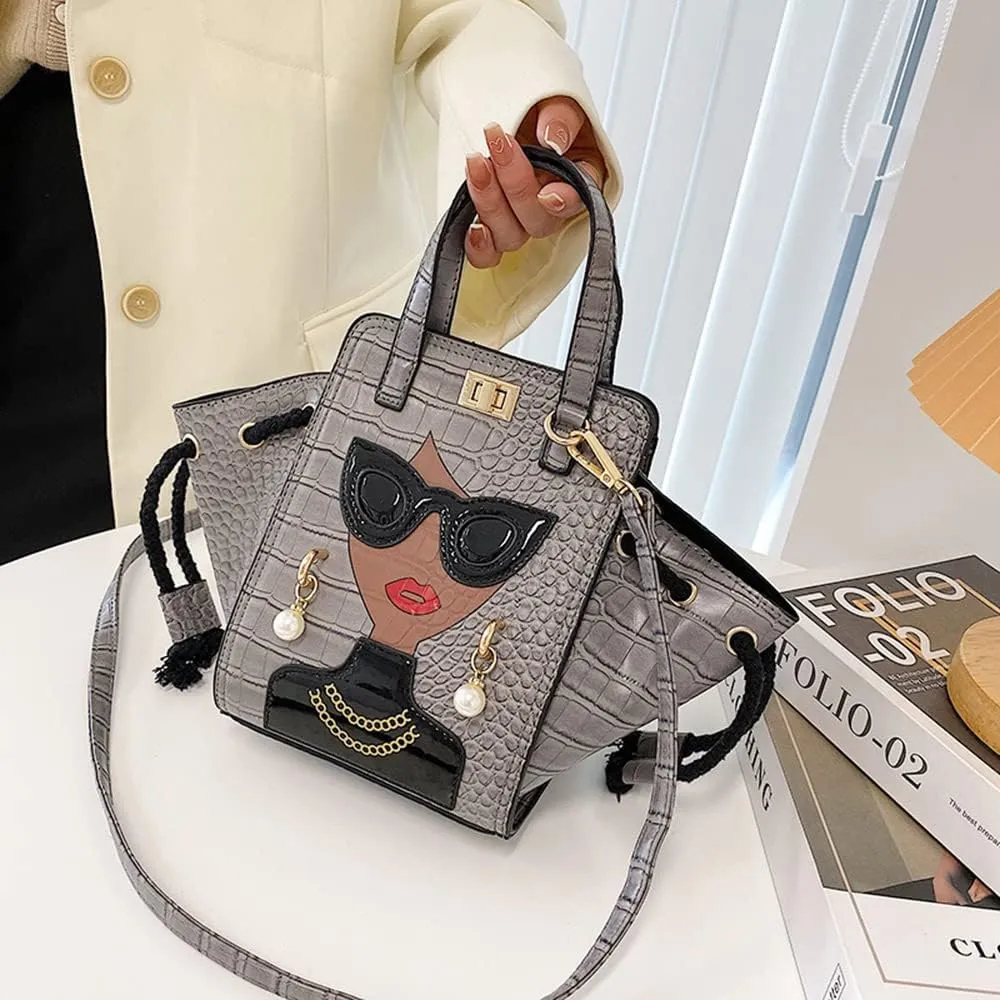 Women's Novelty Unique 3D Lady Face Leather with Crocodile Pattern Tote Handbags Funky Purse Hobo Crossbody Shoulder bags