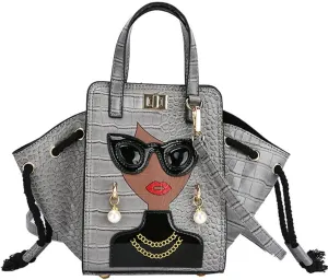 Women's Novelty Unique 3D Lady Face Leather with Crocodile Pattern Tote Handbags Funky Purse Hobo Crossbody Shoulder bags