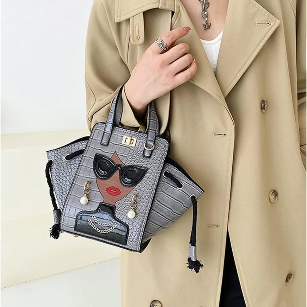 Women's Novelty Unique 3D Lady Face Leather with Crocodile Pattern Tote Handbags Funky Purse Hobo Crossbody Shoulder bags