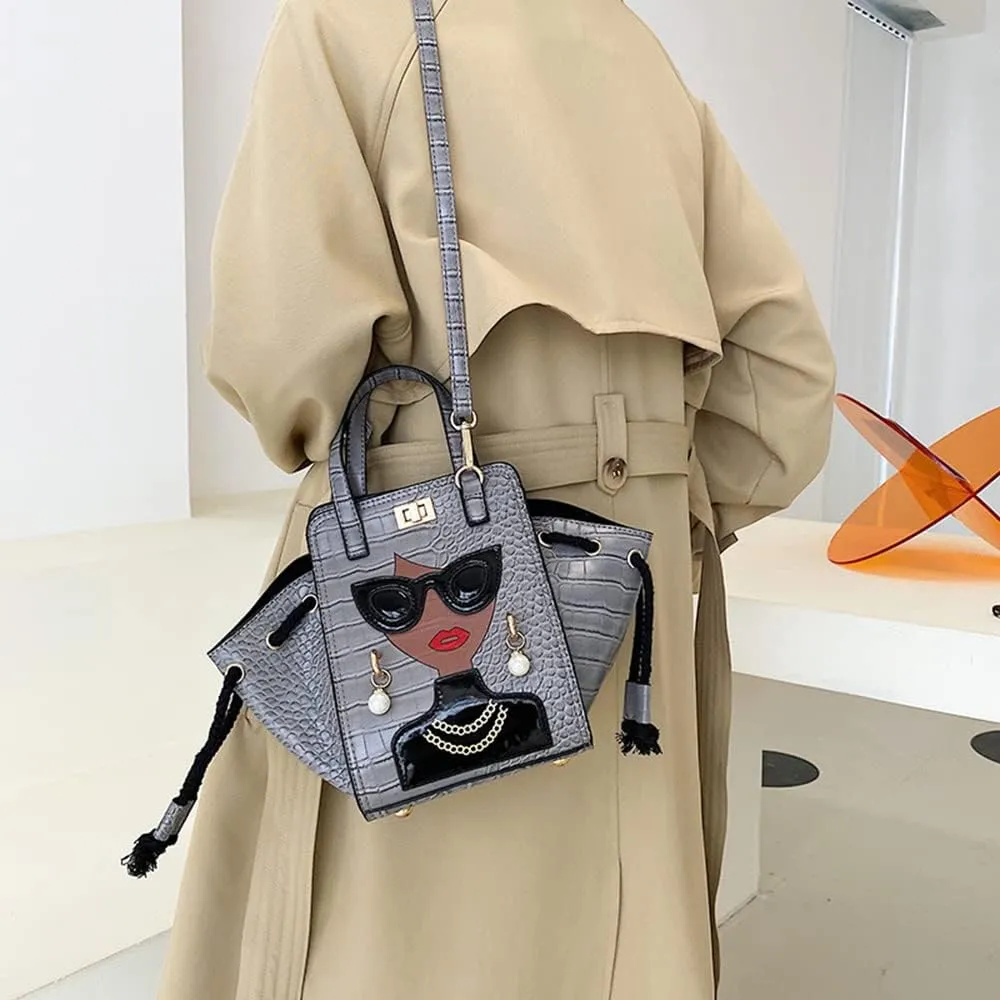 Women's Novelty Unique 3D Lady Face Leather with Crocodile Pattern Tote Handbags Funky Purse Hobo Crossbody Shoulder bags