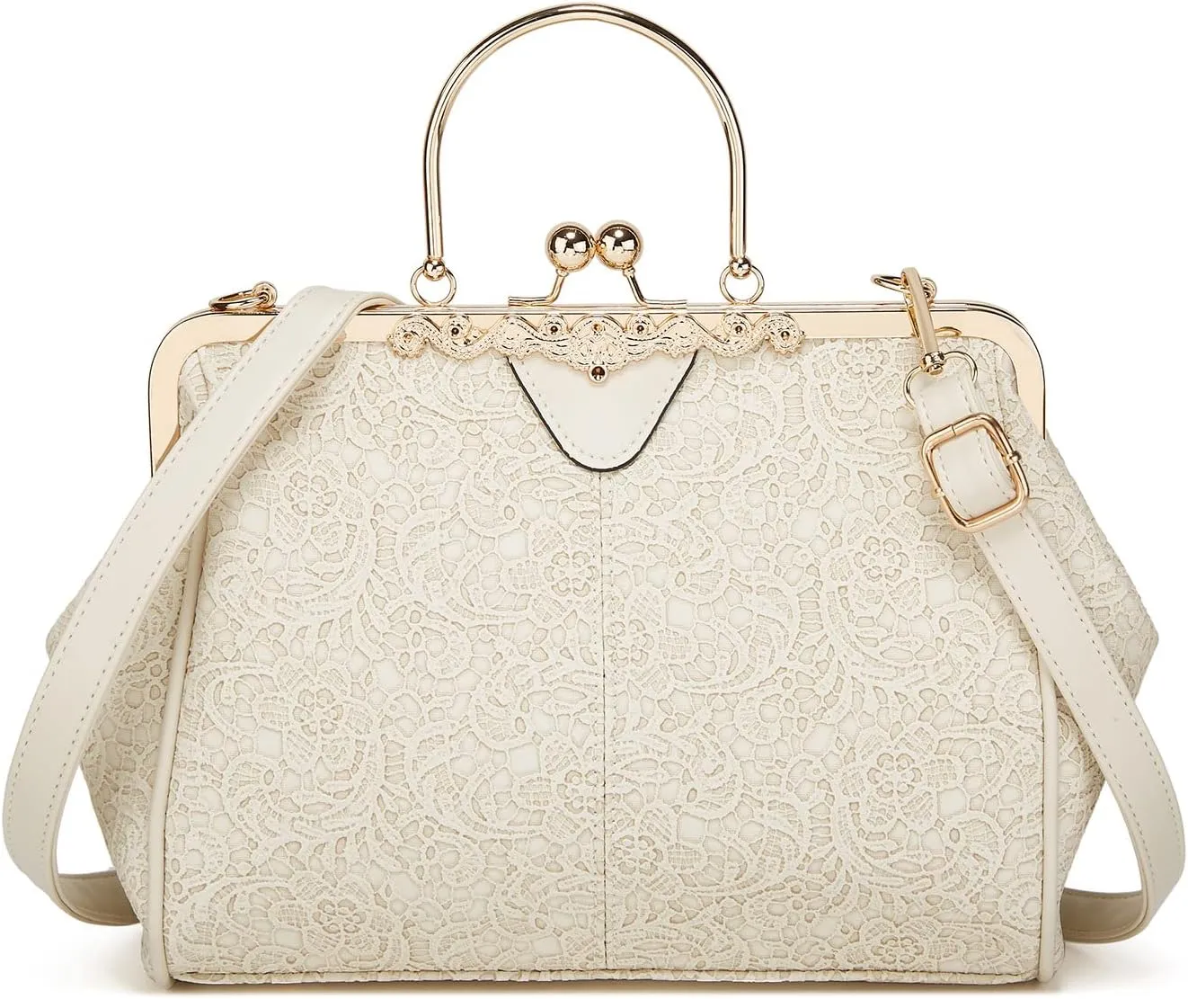 Women's Retro Handbag Kiss Lock Shoulder Purse PU Leather Tote Satchel with Lace