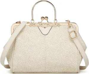 Women's Retro Handbag Kiss Lock Shoulder Purse PU Leather Tote Satchel with Lace