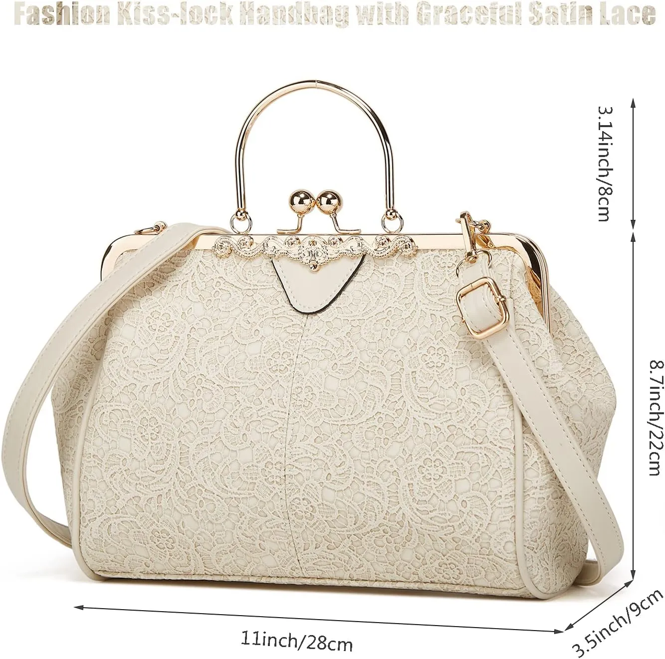 Women's Retro Handbag Kiss Lock Shoulder Purse PU Leather Tote Satchel with Lace