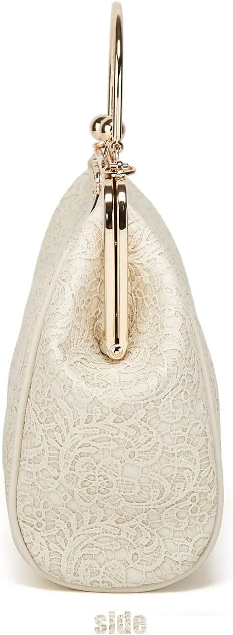 Women's Retro Handbag Kiss Lock Shoulder Purse PU Leather Tote Satchel with Lace