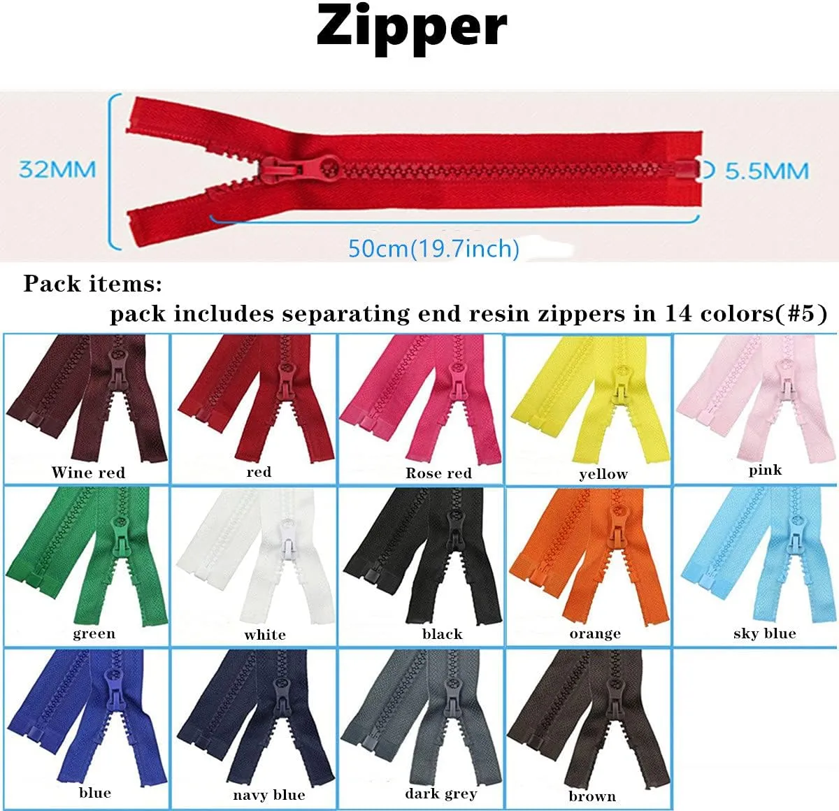 Wonesifee 14PCS Zippers Colorful Resin #5 Plastic Separating Zippers for Clothes DIY Handbags Sewing Jackets Clothing Parka Down Coats Craft Purses Bags Mixed 14 Colors (50cm/20inch)