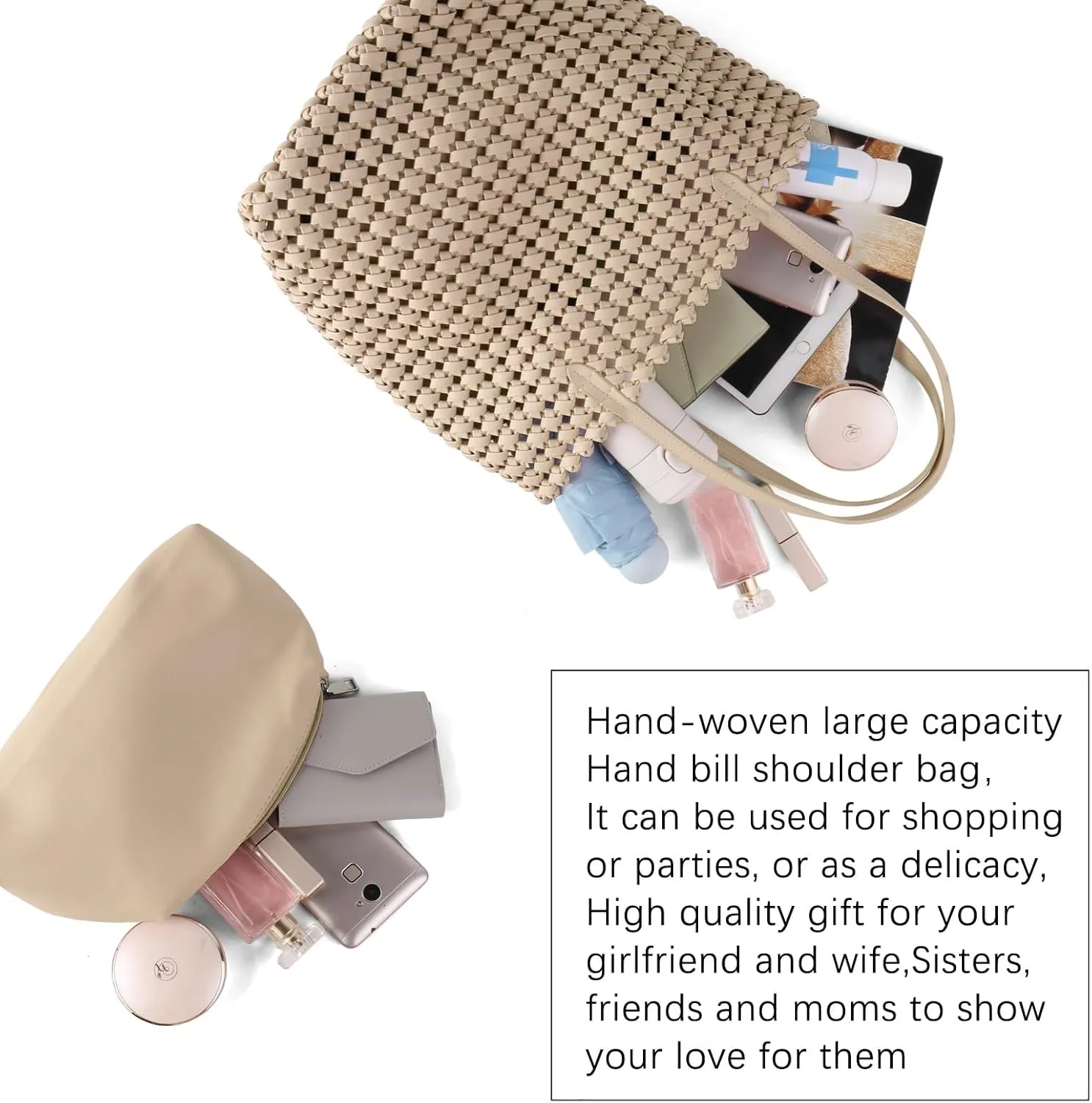 Woven Bag for Women Vegan Leather Tote Bag Large Summer Beach Travel Handbag and Clutch Retro Handmade Shoulder Bag