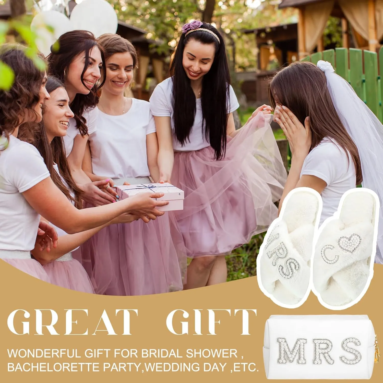 Xtinmee Personalized Initial Wedding Bride Slippers MRS Pearl Letter Makeup Bag Bridal Shower Gifts for Wedding Day (C)