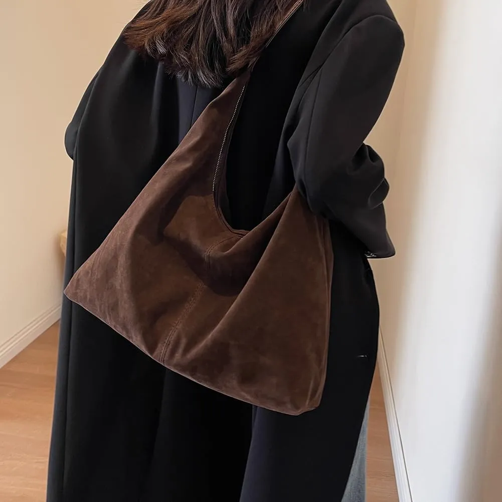 YFGBCX Suede Bag Brown Tote Bags for Women Suede Purse Fall Crescent Bag Slouchy Hobo Handbag