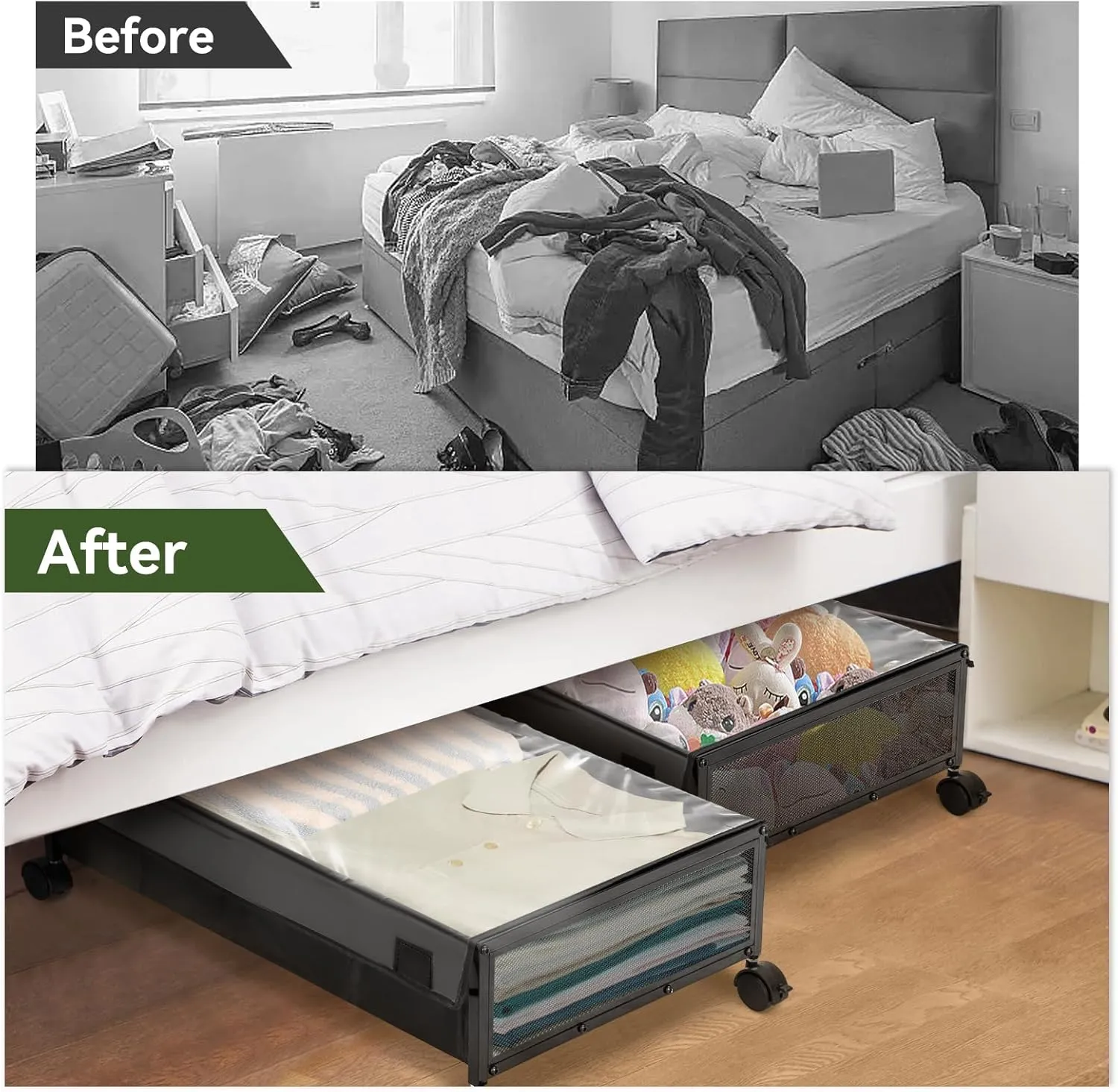 YORKING Under Bed Storage Containers Drawers -Under-bed cart on wheels with lining and dust cover,Clothes Shoes Organizer with Bags & Zippers, Clear Window & Solid Fabric,2 Pack (Black/S