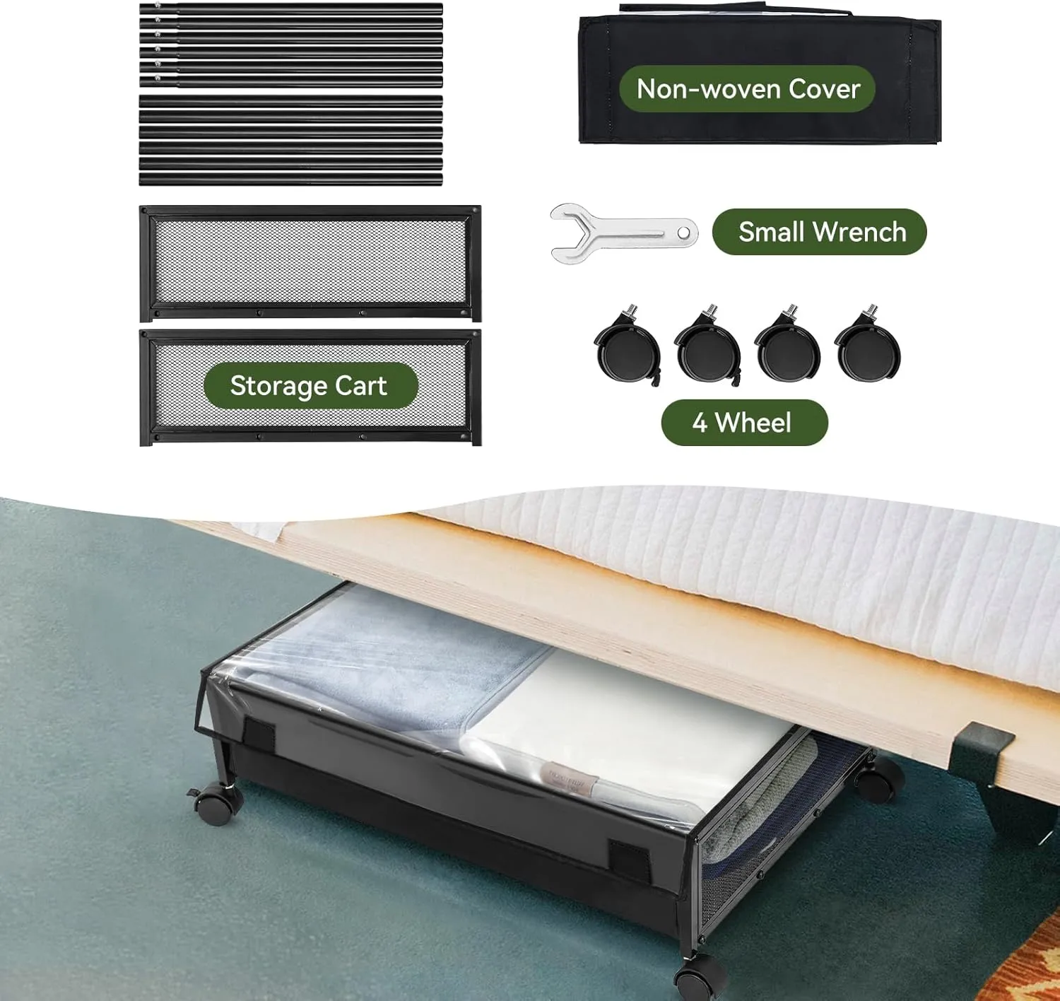 YORKING Under Bed Storage Containers Drawers -Under-bed cart on wheels with lining and dust cover,Clothes Shoes Organizer with Bags & Zippers, Clear Window & Solid Fabric,2 Pack (Black/S