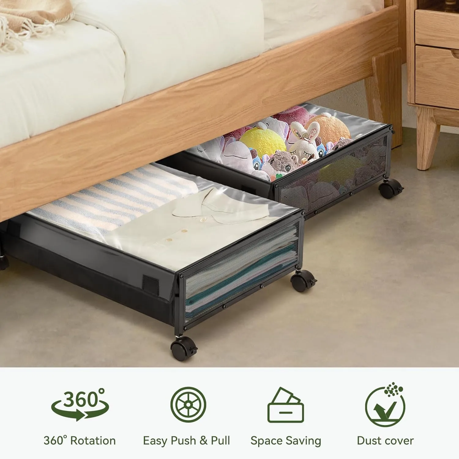 YORKING Under Bed Storage Containers Drawers -Under-bed cart on wheels with lining and dust cover,Clothes Shoes Organizer with Bags & Zippers, Clear Window & Solid Fabric,2 Pack (Black/S