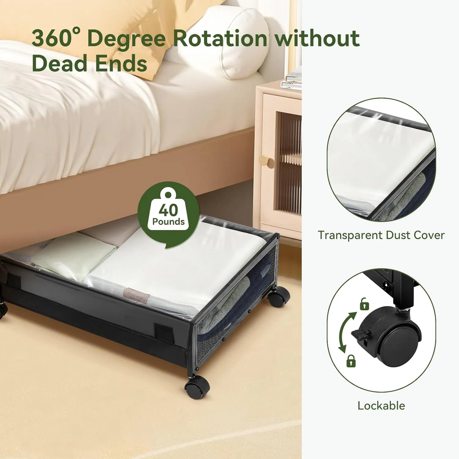 YORKING Under Bed Storage Containers Drawers -Under-bed cart on wheels with lining and dust cover,Clothes Shoes Organizer with Bags & Zippers, Clear Window & Solid Fabric,2 Pack (Black/S