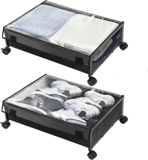 YORKING Under Bed Storage Containers Drawers -Under-bed cart on wheels with lining and dust cover,Clothes Shoes Organizer with Bags & Zippers, Clear Window & Solid Fabric,2 Pack (Black/S