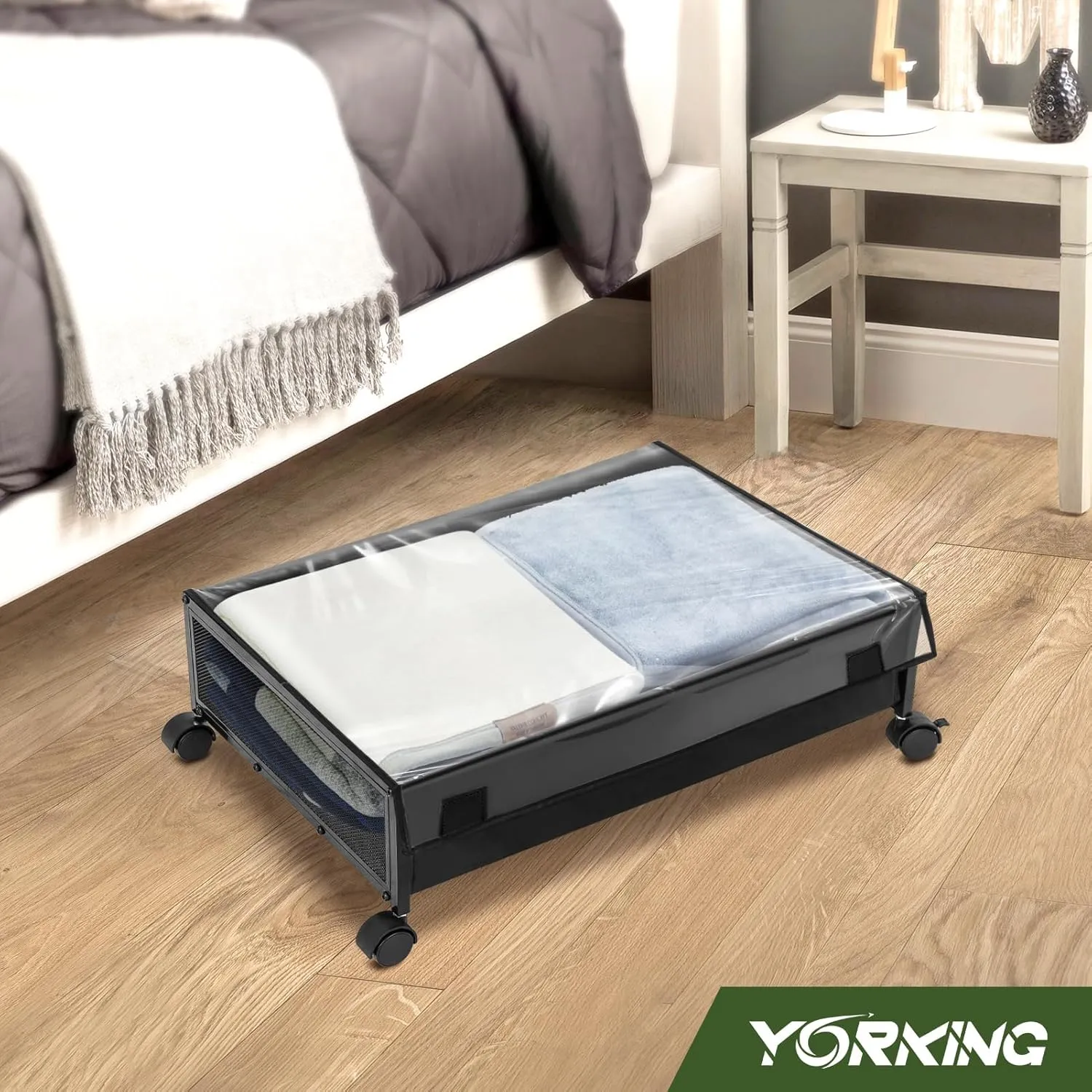 YORKING Under Bed Storage Containers Drawers -Under-bed cart on wheels with lining and dust cover,Clothes Shoes Organizer with Bags & Zippers, Clear Window & Solid Fabric,2 Pack (Black/S