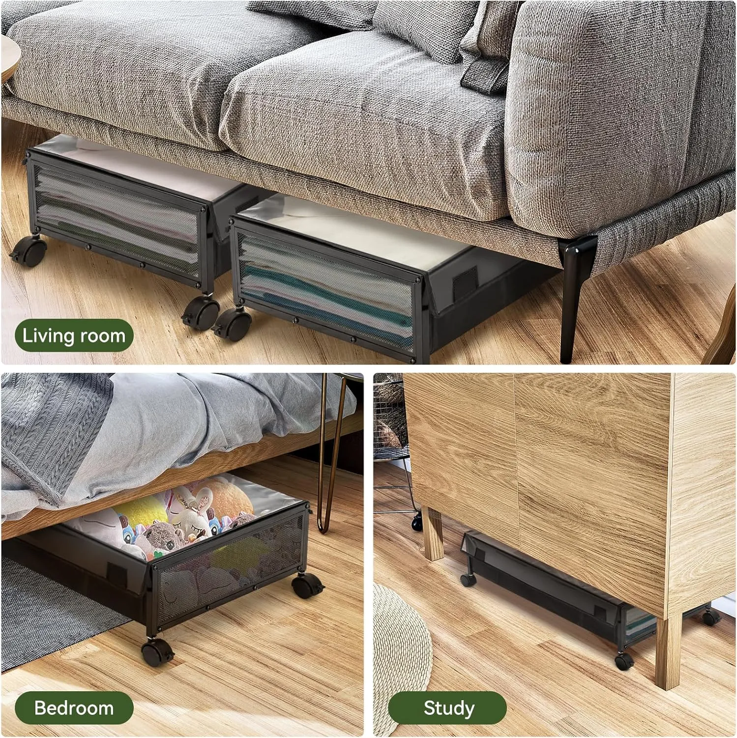YORKING Under Bed Storage Containers Drawers -Under-bed cart on wheels with lining and dust cover,Clothes Shoes Organizer with Bags & Zippers, Clear Window & Solid Fabric,2 Pack (Black/S