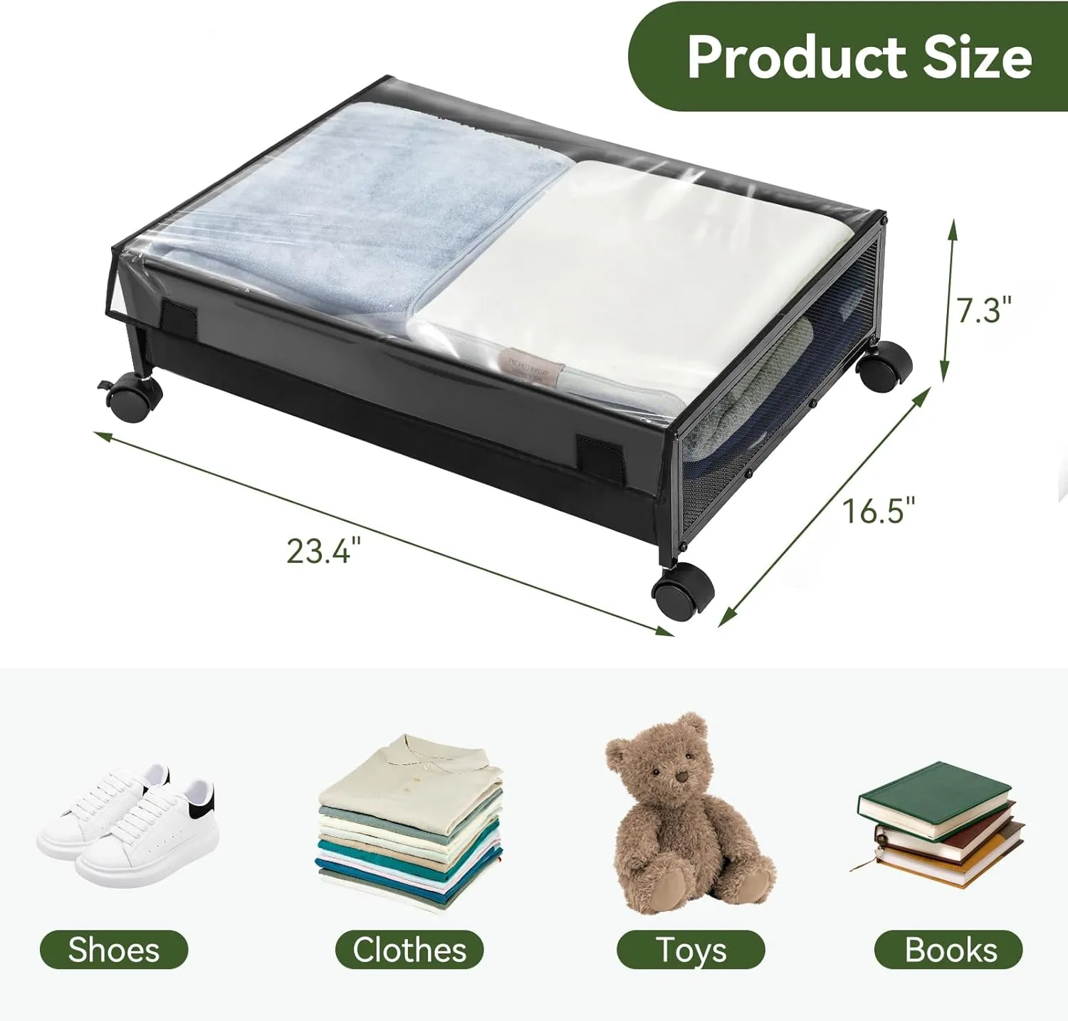 YORKING Under Bed Storage Containers Drawers -Under-bed cart on wheels with lining and dust cover,Clothes Shoes Organizer with Bags & Zippers, Clear Window & Solid Fabric,2 Pack (Black/S