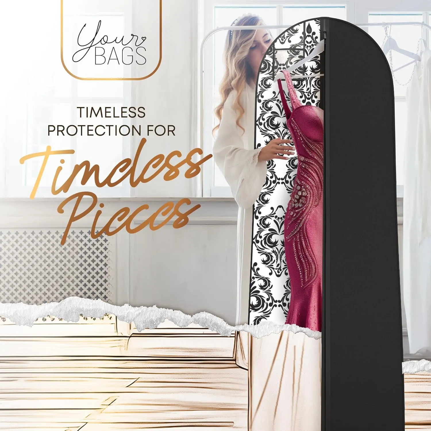 Your Bags Women’s Dress and Gown Garment Bag -72”x24” and 10” Tapered Gusset Prom Bags (Black and White Demask)